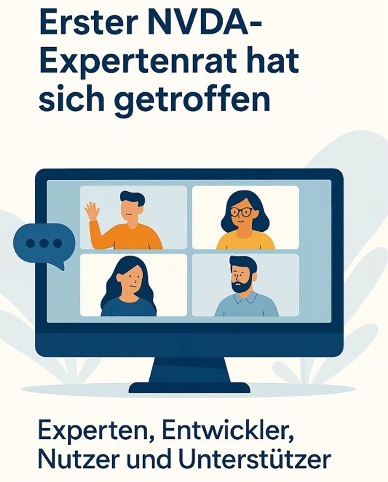 Symbol einer Online-Konferenz mit dem Text Nvda Expertenrat - Experten, Entwickler, Nutzer, Unterstützer Symbol einer Online-Konferenz mit dem Text Nvda Expertenrat - Experten, Entwickler, Nutzer, Unterstützer